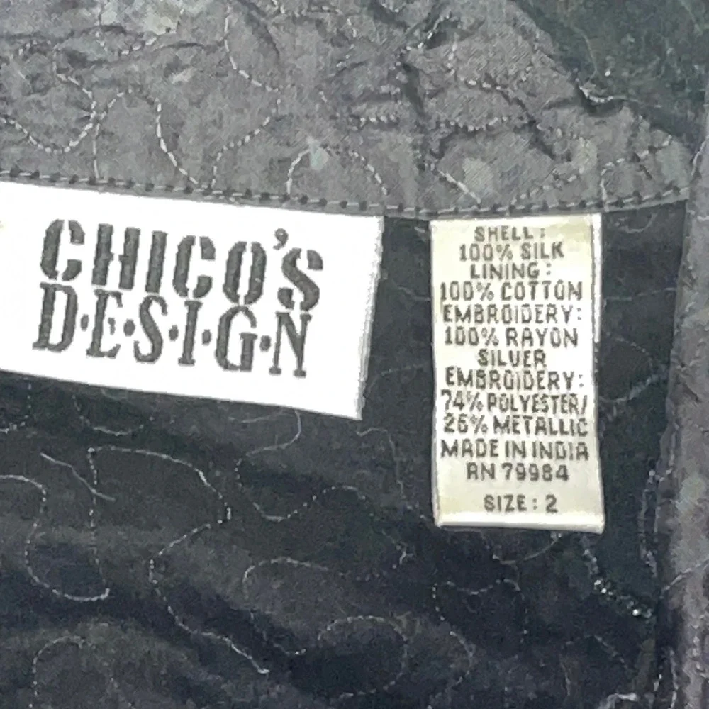 Chicos Design Silk Embroidered Beaded Jacket Size 2 Sz L Black Gray Evening Wear